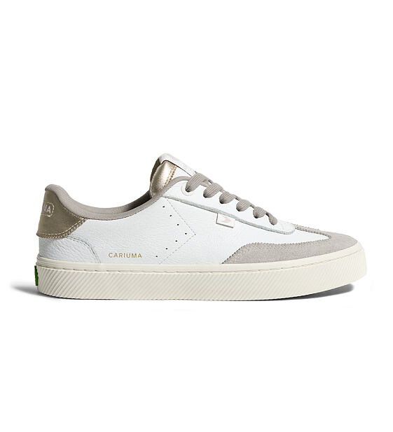 Dámské volnočasové boty Cariuma TOCA White Premium Leather Vintage White Suede Metallic Gold Sneaker